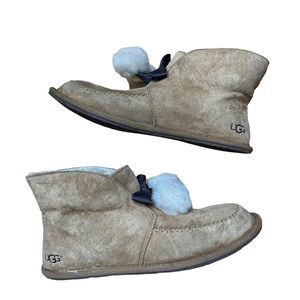 UGG Kallen Suede Leather Slippers Pom Pom Chestnut Womens Size 6